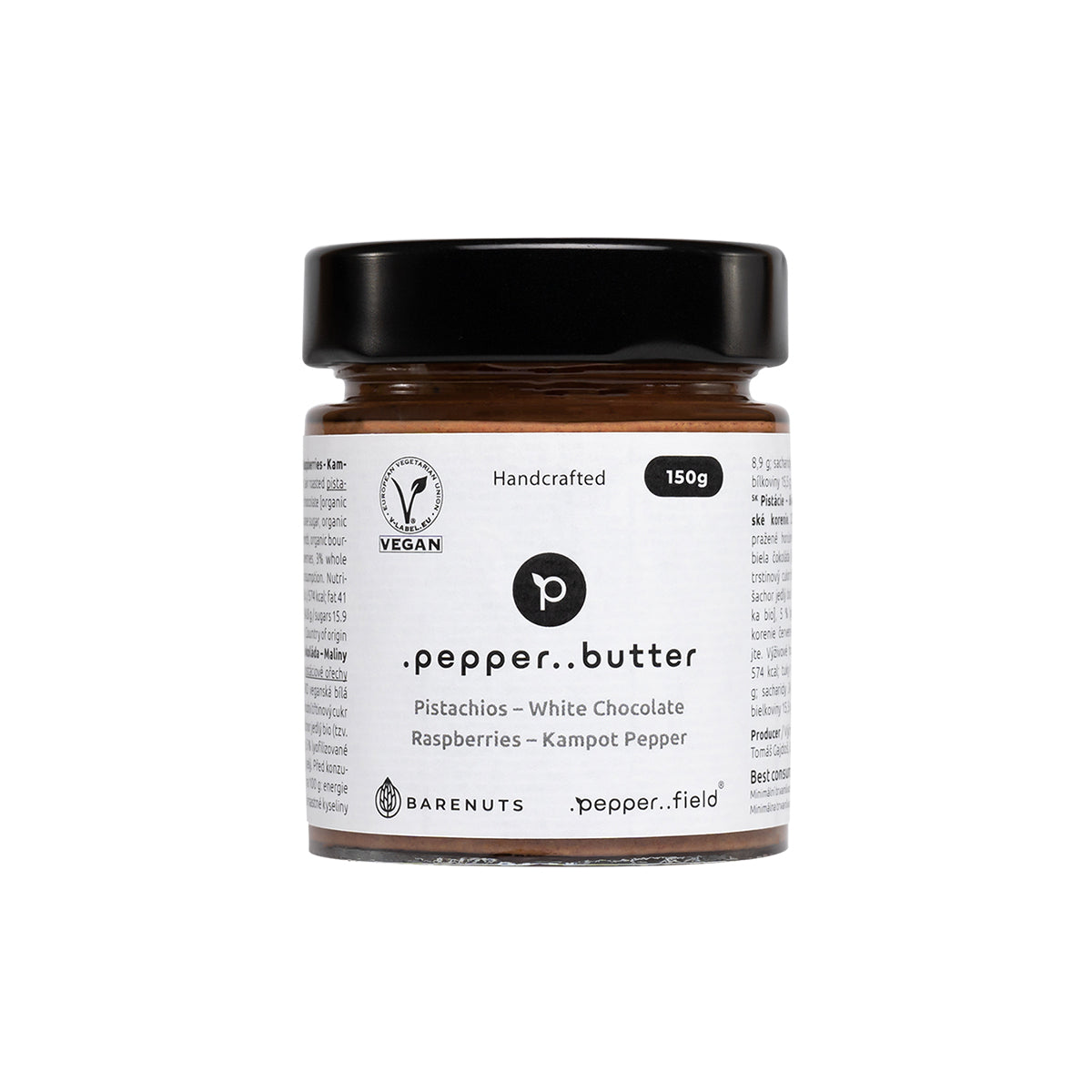 Pistáciové máslo s bílou čokoládou, malinami a Kampotským pepřem 150 g