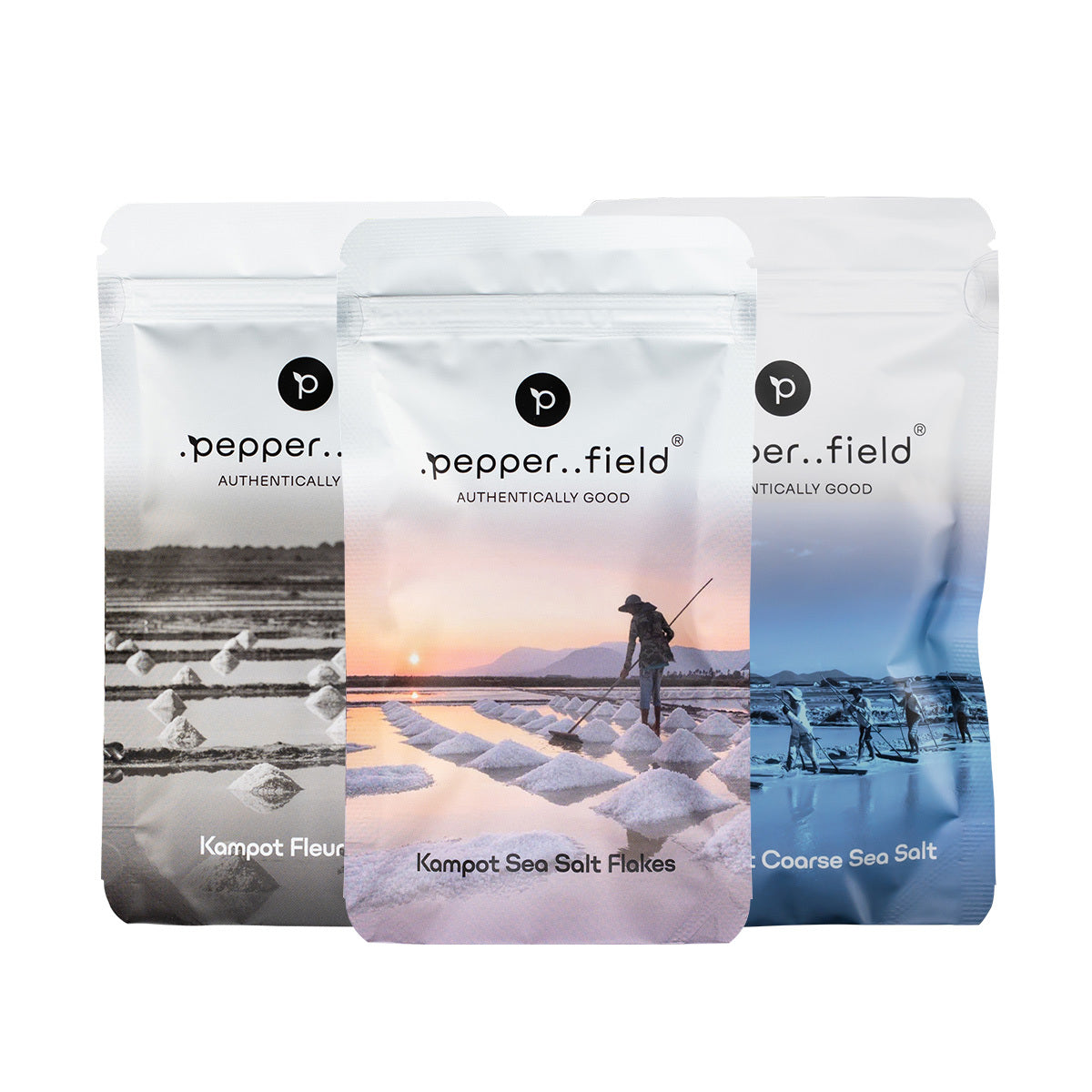 Multipack of natural salts from Kampot – fleur de sel (100 g), salt pyramids (100 g), coarse salt (120 g) 