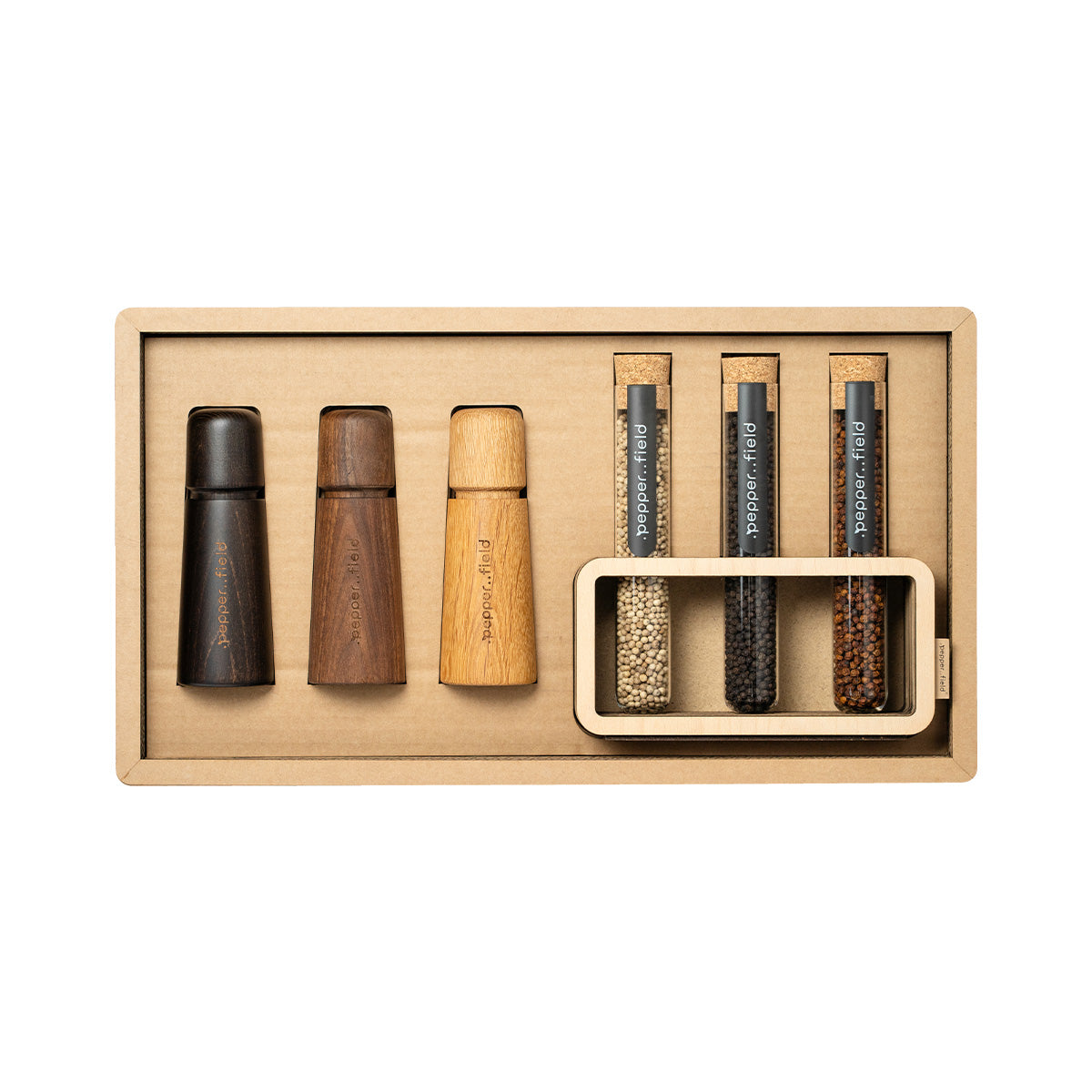 Luxury gift case with 3 mills and Kampot m of pepper in test tubes (3× 70 g) 