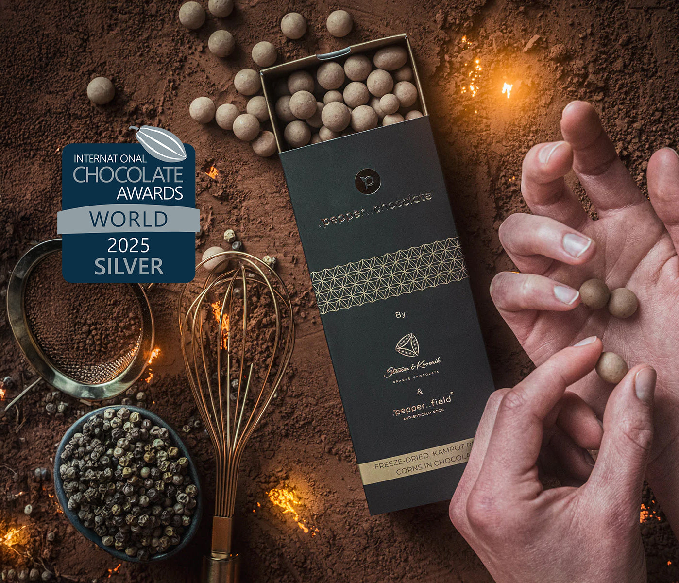 Golden chocolate dragees with lyophilized Kampot  pepper – .pepper..chocolate 