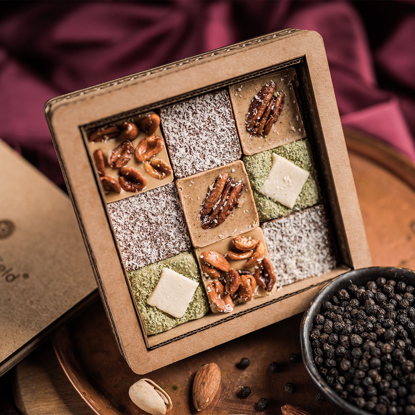 A collection of luxury chocolate pepper nougat in a gift box