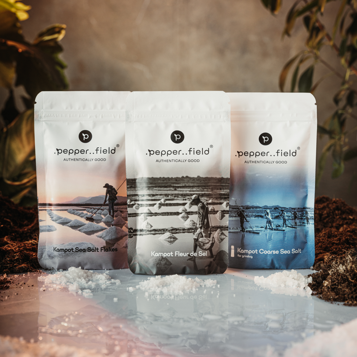 Multipack of natural salts from Kampot – fleur de sel (100 g), salt pyramids (100 g), coarse salt (120 g) 